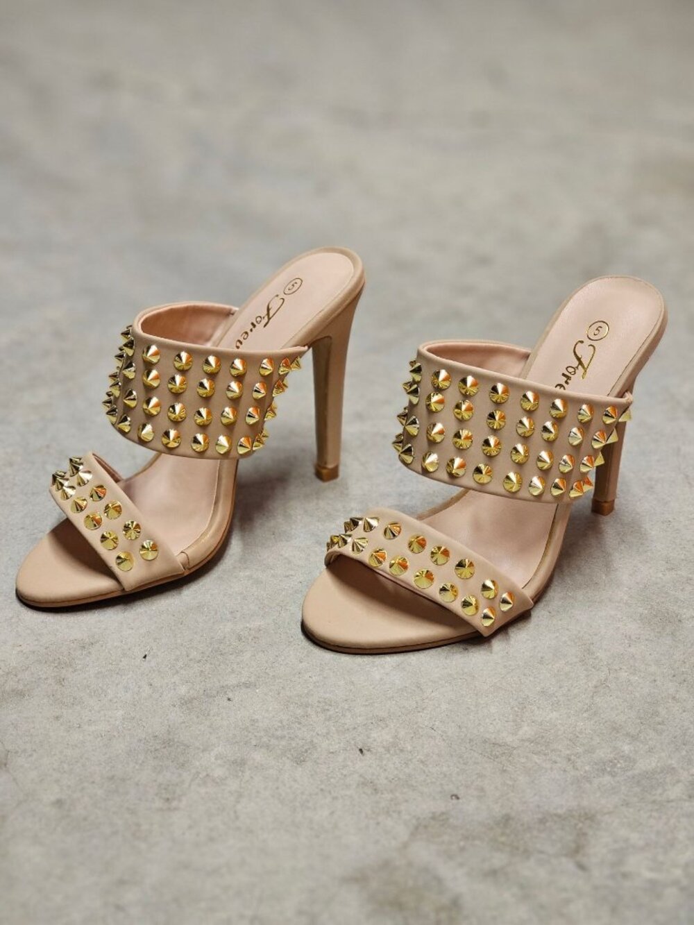 Studded Nude High Heel Slide Sandals - Picture 11 of 14